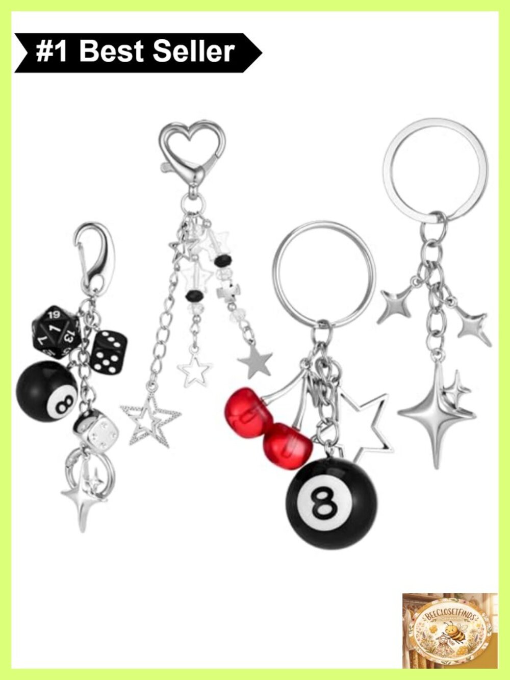 4Pc Metal Keychain Set Y2K 8 Ball Dice Star Cherry Bag Charm Keyring